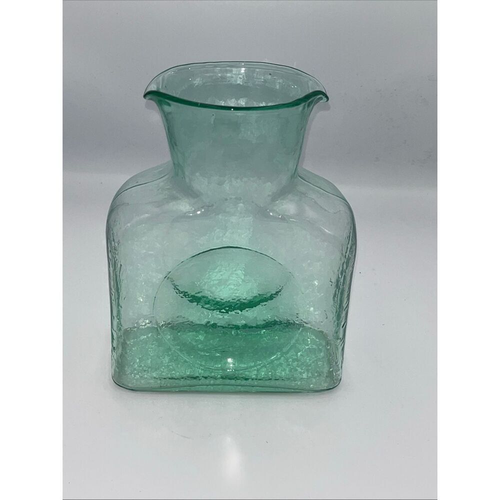 Vintage MCM Blenko Glass Antique Green Double Spout Water Bottle Pitcher